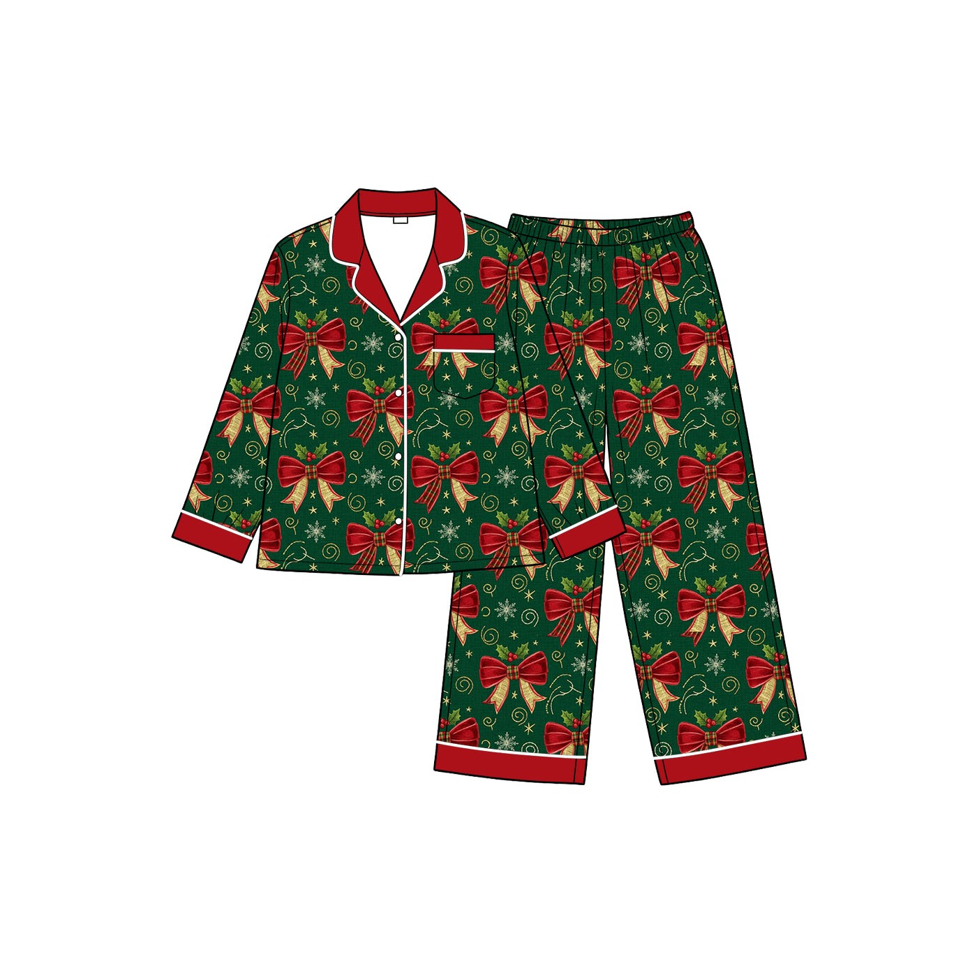 Preorder (moq5)  Girls Christmas Bow Print 2-Piece Soft Long Sleeve Pants Side Stripe Holiday Loungewear  Set