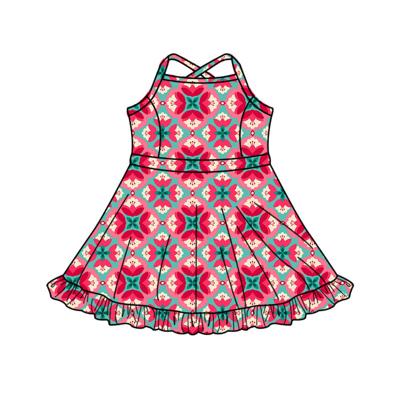 Preorder(moq 5) Baby Girls Red Flowers Checked Ruffle Shorts Knee Length Dresses