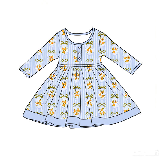 Preorder (moq 5)Baby Girls Long Sleeve Blue Stripe Bows Flowers Button Ruffle Knee Length Dress