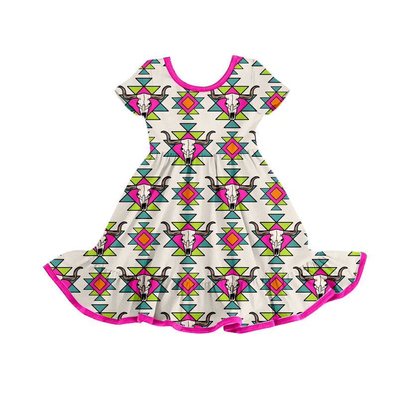 Preorder(moq 8)Baby Girls Short Sleeve Aztec Bull Skulls Western Ruffle Knee Length Dresses