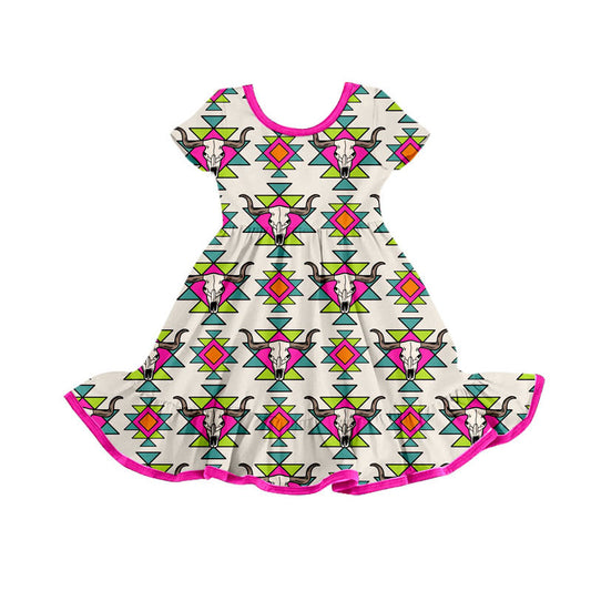 Preorder(moq 8)Baby Girls Short Sleeve Aztec Bull Skulls Western Ruffle Knee Length Dresses