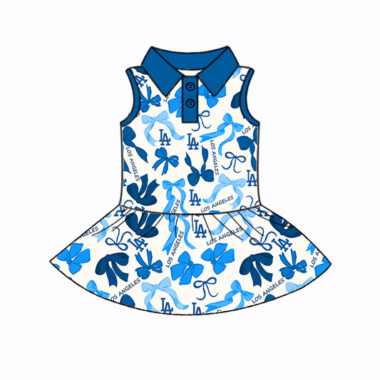 Preorder (moq 5)Baby Girls Hot Blue Sleeveless Bows Plaid LA Button Team Knee Length Dresses