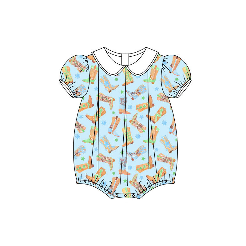 Preorder (moq 5)Baby Girls Floral Boots Stars Western Collar Ruffle Rompers