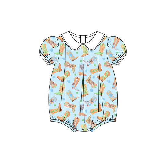 Preorder (moq 5)Baby Girls Floral Boots Stars Western Collar Ruffle Rompers