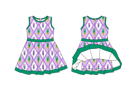 Preorder moq 8 Baby Girls Mardigras Crayfishes Checked Back Zip Shorts Ruffle Knee Length Dress
