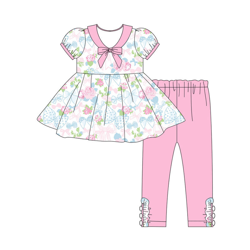 Preorder(moq 5) Baby Girls Short Ruffle Sleeve Bows Flowers Tunic Leggings Clothes Sets