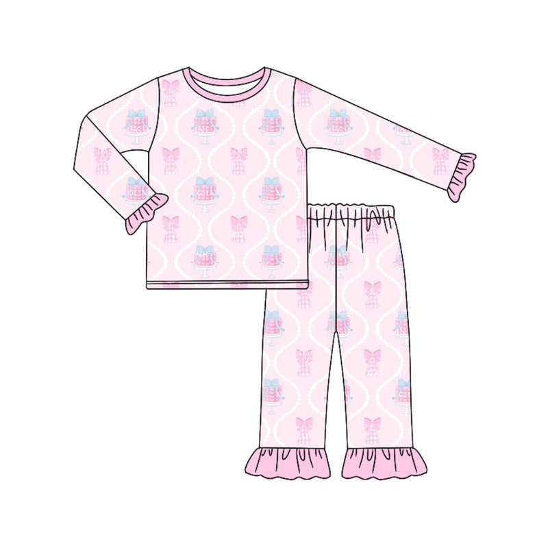 Preorder (moq 5)Baby Girls Pink Long Ruffle Sleeves Bows Gifts Plaid Top Pant Pajamas Sets