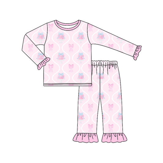 Preorder (moq 5)Baby Girls Pink Long Ruffle Sleeves Bows Gifts Plaid Top Pant Pajamas Sets