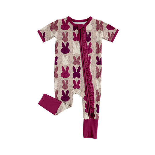 Preorder (moq 5)Baby Girls Hot Pink Rabbits Easter Ruffle Zipper Footie Rompers