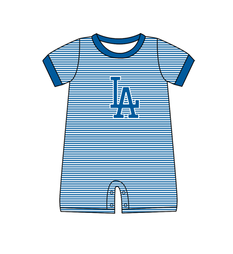 Preorder (moq 5)Baby Boys Short Sleeve Blue Stripe LA Team Rompers