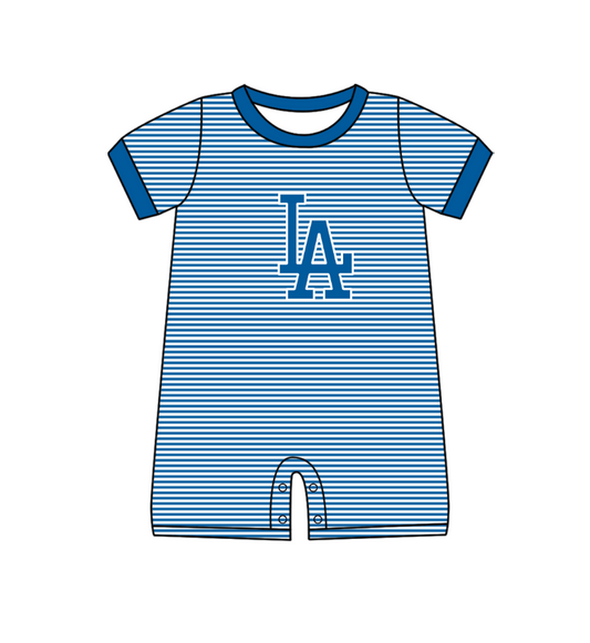Preorder (moq 5)Baby Boys Short Sleeve Blue Stripe LA Team Rompers