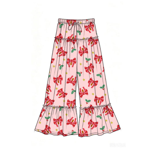 Preorder (moq 5)Baby Girls Green Red Bows Holly Christmas Bell Bottom Pants
