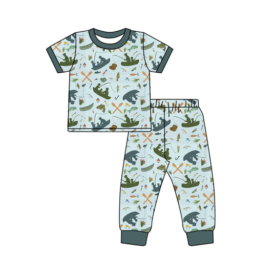 Preorder (moq 5)Baby Boys Short Sleeves Dark Green Fishing Top Pant Pajamas Set