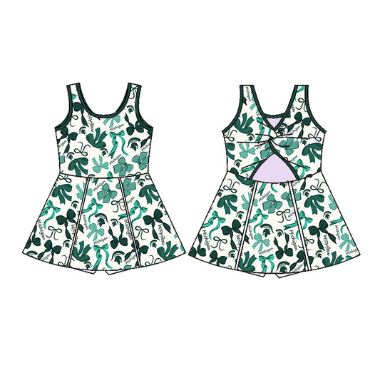 Preorder (moq 5)Baby Girls Green Sleeveless Bows Plaid Michigan Shorts Team Knee Length Dresses