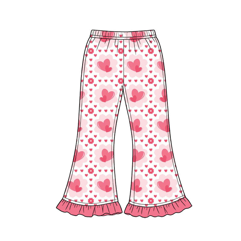 Preorder (moq 5) Baby Girl Clothes Pink Heart Floral Print Ruffle Hem Flare Pants
