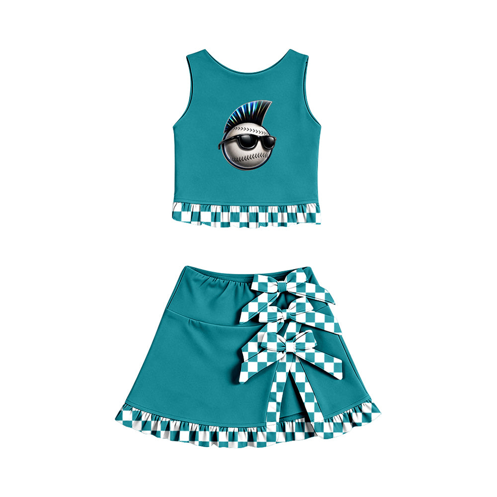 Preorder (moq 5)Baby Girls Green Chaos Vest Bows Short Skirt Short Team Yoga Active Clothes Set