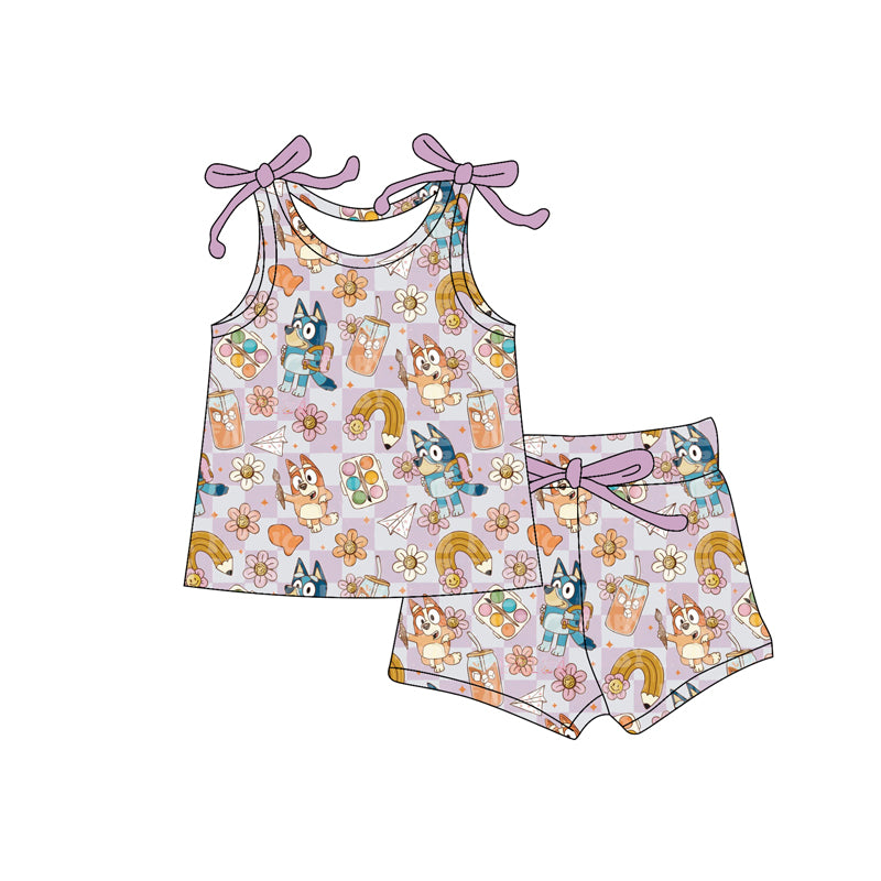 Preorder moq 5 Baby Girls Bows Sleeveless Cartoon Dogs Pencil Top Short Set