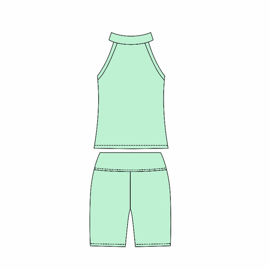 Preorder moq 10 Baby Girls Aqua Sleeveless Activity Wear Vest Top Biking Shorts Yoga Set