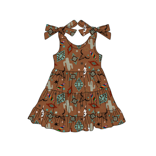 Preorder (moq 5)Baby Girls Brown Strap Cactus Bull Skull Aztec Knee Length Dresses