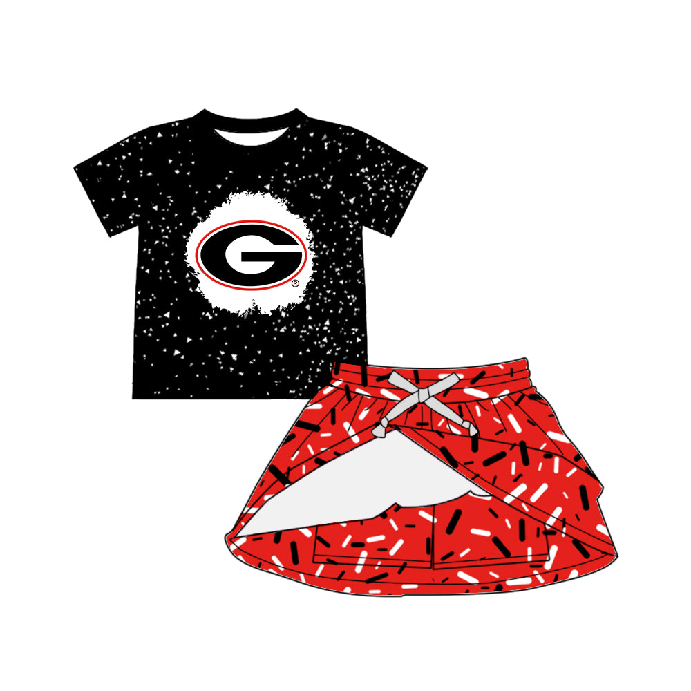 Preorder (moq 5)Baby Girls Black Short Sleeves G Top Red Drip Skirts Team Set