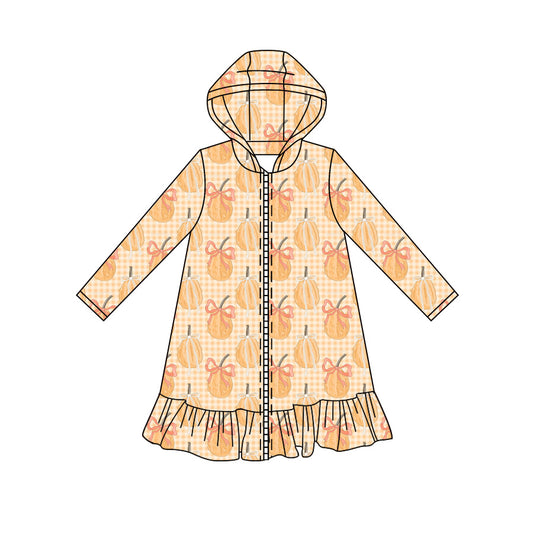 Preorder moq 5 Baby Girls Long Sleeve Bows Pumpkins Checked Fall Zip Ruffle Knee Length Dresses