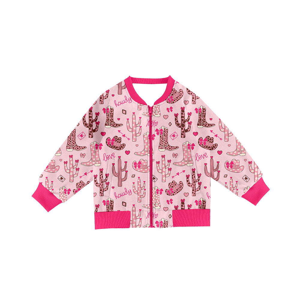 Preorder(moq 8)Baby Girls Long Sleeve Hearts Boots Cactus Pockets Zip Jackets Top