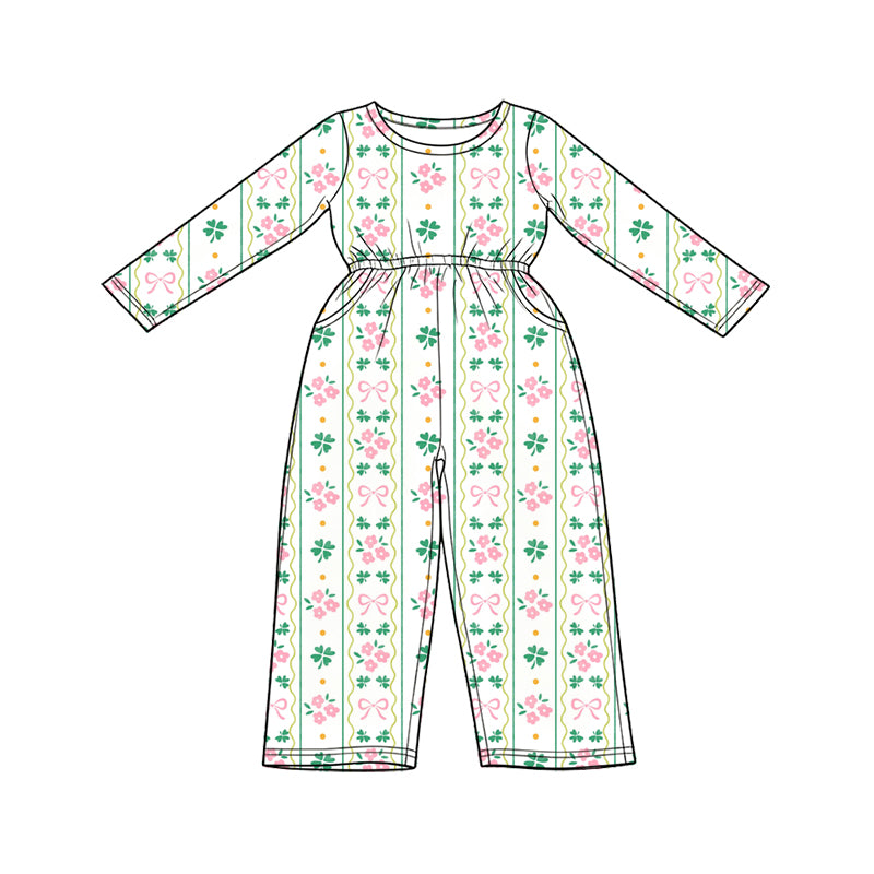 Preorder (moq 5) Baby Girl Clothes St Patrick's Day Clover Floral Bow Striped Print Long Sleeve Waist Jumpsuit