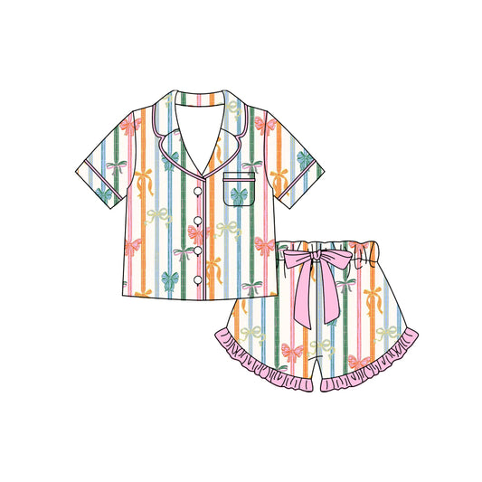 Preorder moq 5 Baby Girls Colorful Bows Stripe Button Pocket Top Ruffle Shorts Pajamas Sets