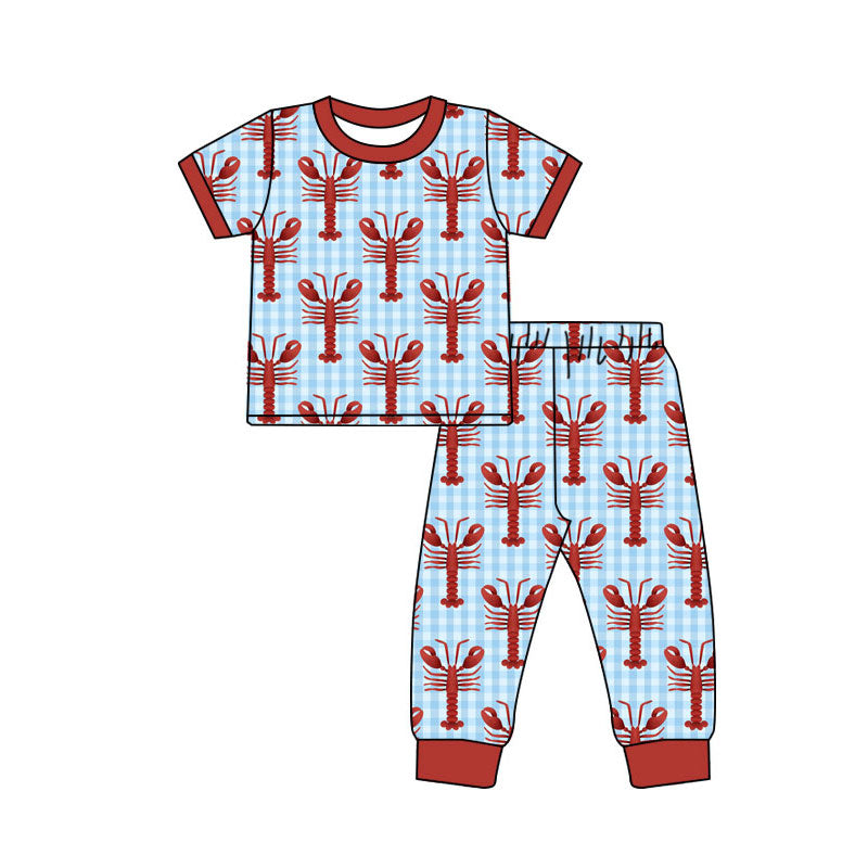 Preorder(moq 8)Baby Boys Blue Checked Crayfishes Top Pants Pajamas Sets