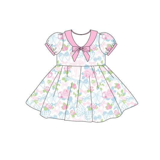 Preorder(moq 5) Baby Girls Short Ruffle Sleeve Bows Flowers Knee Length Dresses