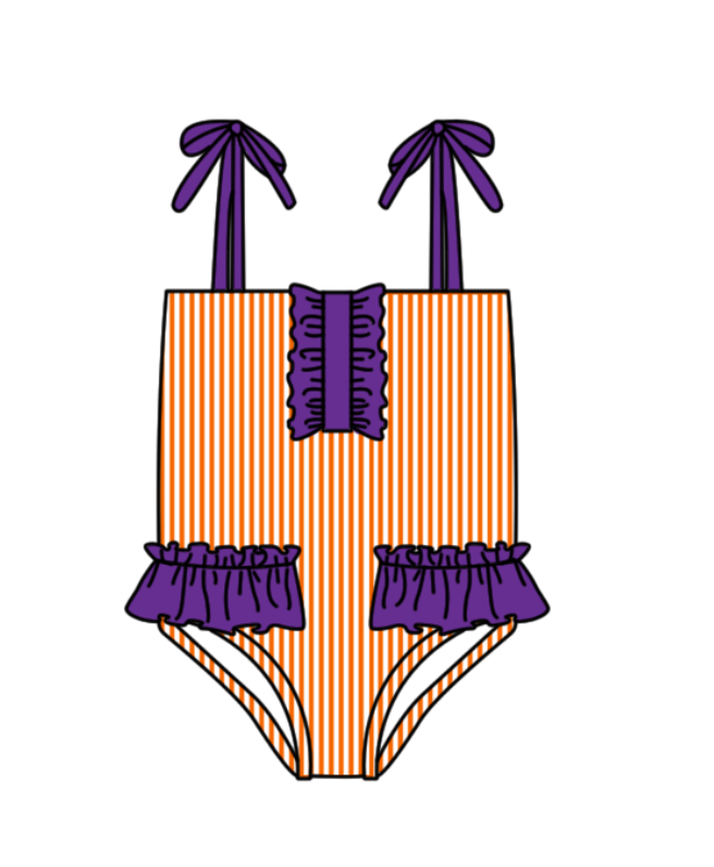 Preorder moq 5 Baby Girls Strap Orange Stripe Team Swimsuits