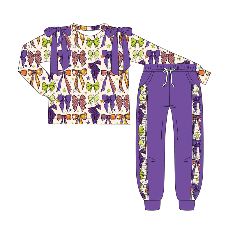 Preorder (moq 5)Baby Girls Long Sleeves Purple Bows Plaid Top Pockets Pant Clothes Set