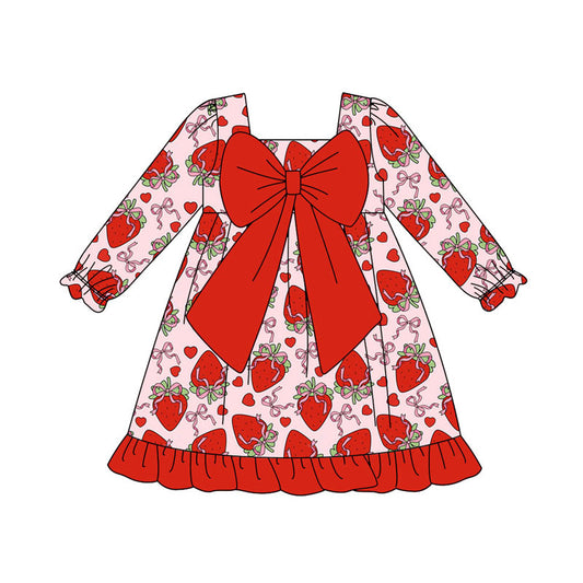 Preorder(moq 5) Baby Girls Bows Strawberry Valentine Ruffle Knee Length Dresses