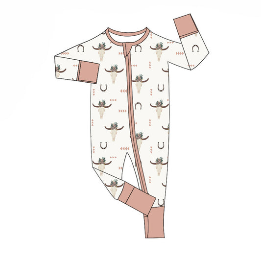 Preorder (moq 5)Baby Boys Flower Bull Skulls Shoes Western Zipper Footie Rompers