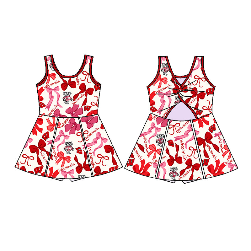 Preorder (moq 5)Baby Girls Sleeveless Wisconsin Bows Plaid Shorts Team Knee Length Dresses