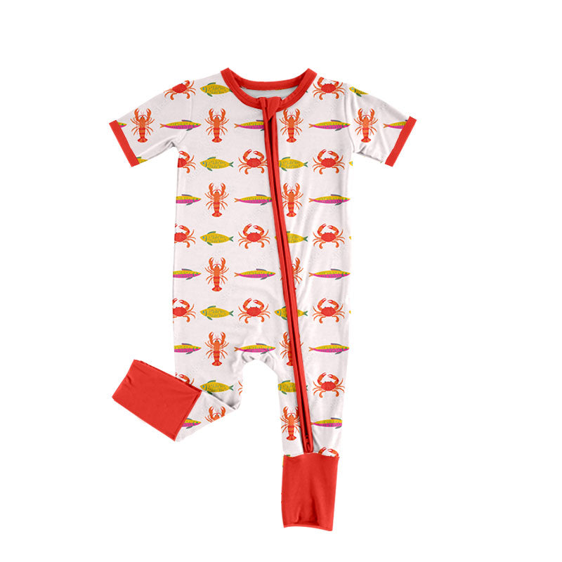 Preorder (moq 5) Baby Boy Clothes Crawfish Fish Seafood Mixed Print Short Sleeve Zipper Baby Romper