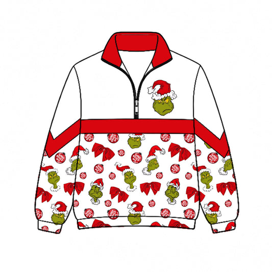 Preorder (moq 5)Baby Girls Green Frogs Bows Merry Christmas Zip Pullovers Top