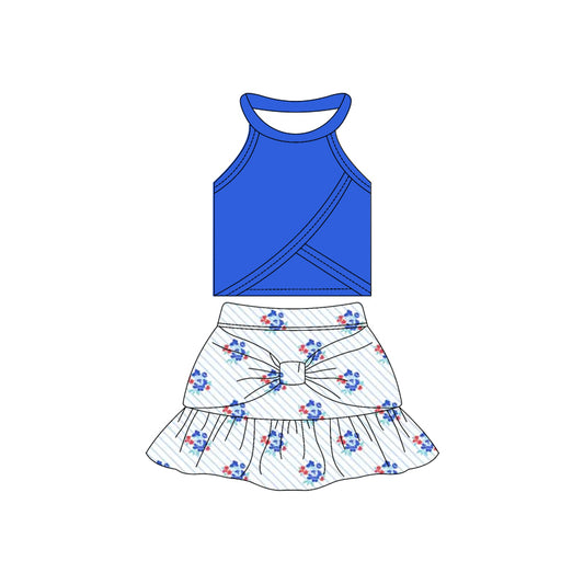 Preorder moq 10 Baby Girls Sleeveless Hot Blue Vest Top Flowers Stripe Ruffle Short Skirts Activity Wear Yoga Set