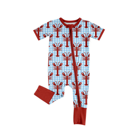 Preorder (moq 8)Baby Boys Blue Checked Crayfishes Zipper Footie Rompers