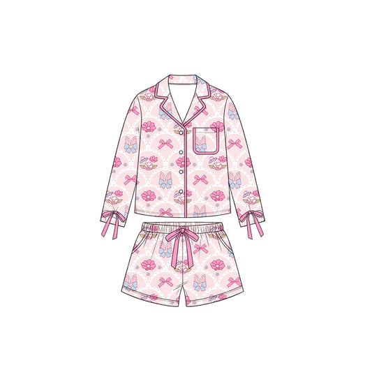 Preorder moq5 Women Pink Floral Bow Collared Long-Sleeve Pajama Top & Elastic-Waist Shorts Set
