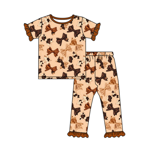 Preorder (moq 5)Baby Girls Cow Print Bows Plaid Top Ruffle Pants Western Pajamas Sets