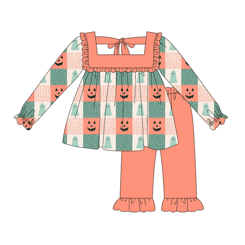 Preorder (moq 5)Baby Girls Long Sleeves Green Orange Ghosts Pumpkins Plaid Tunic Ruffle Pant Set