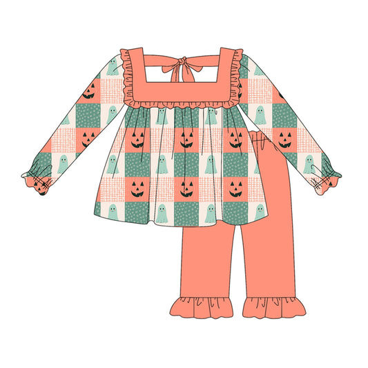 Preorder (moq 5)Baby Girls Long Sleeves Green Orange Ghosts Pumpkins Plaid Tunic Ruffle Pant Set