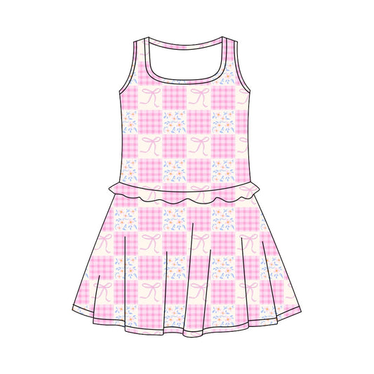 Preorder (moq 5)Baby Girls Sleeveless Pink Flower Bows Checked Knee Length Dresses