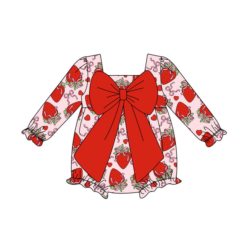 Preorder (moq 5)Baby Girls Bows Hearts Strawberry Valentine Ruffle Rompers