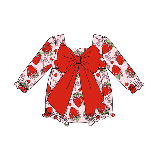 Preorder (moq 5)Baby Girls Bows Hearts Strawberry Valentine Ruffle Rompers