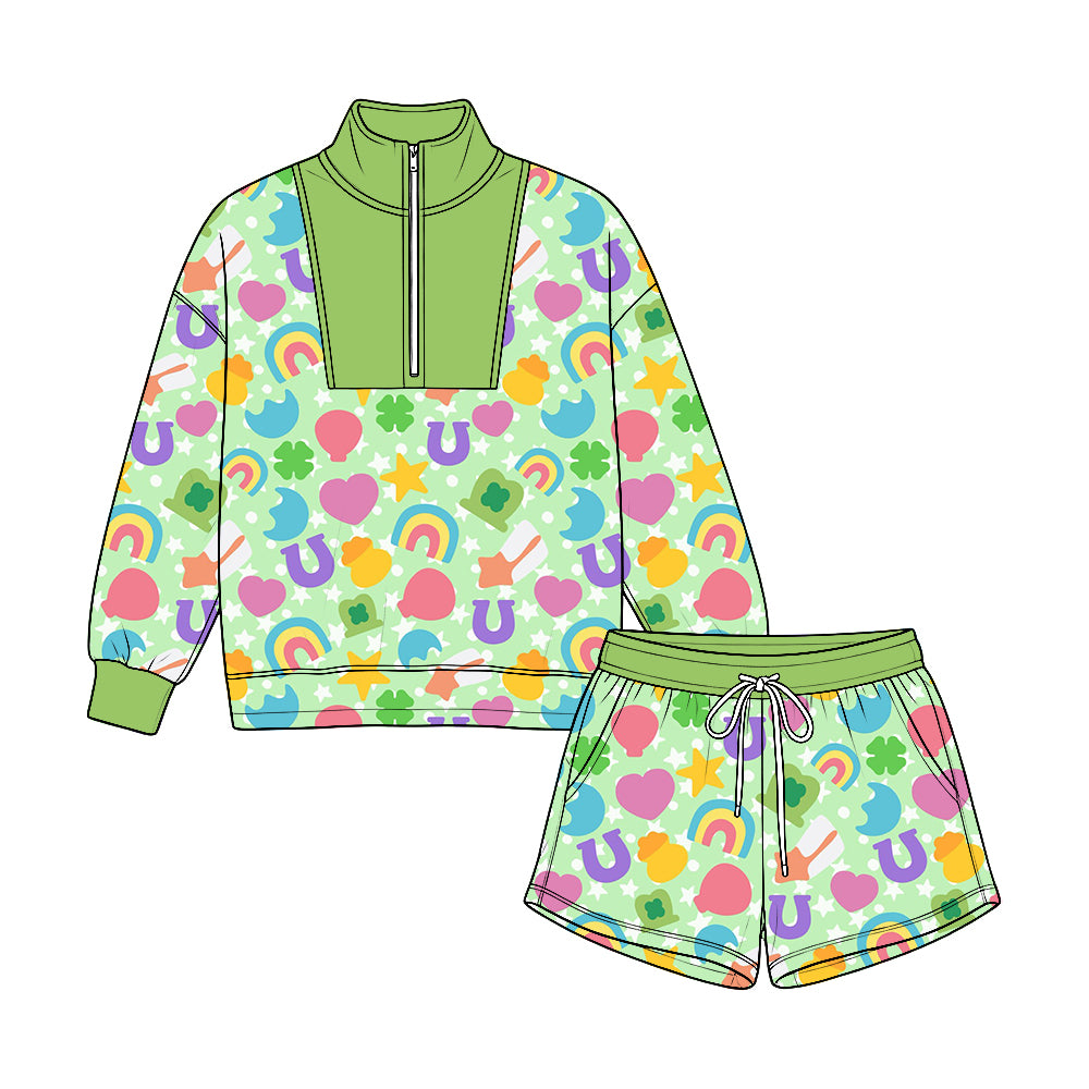 Pre-order(moq5) Kids’ Half-Zip Top & Shorts 2-Piece Set, Green Rainbow, Heart & Clover Print Outfit