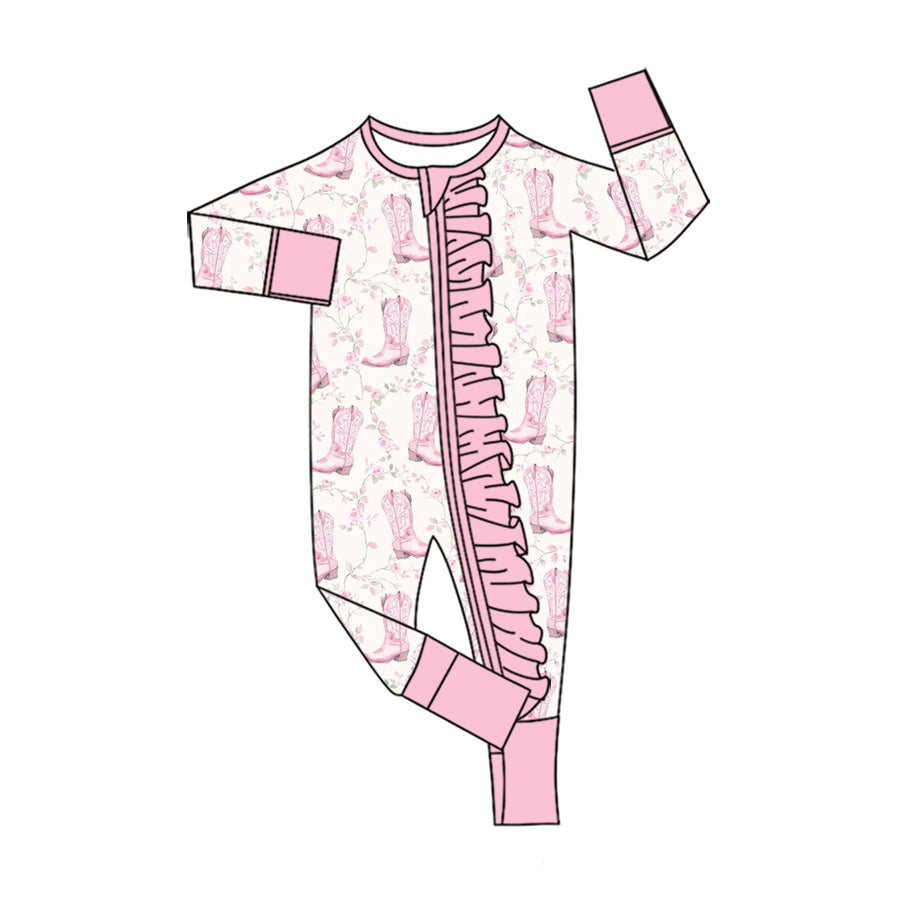 Preorder(moq5)  Baby Girls Clothes High-Quality Western Cowboy Boots Print Cotton Ruffle Zipper Romper