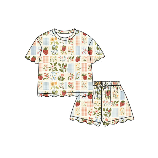Preorder (moq 5)Baby Girls Flowers Strawberry Checked Top Scallop Shorts Clothes Sets