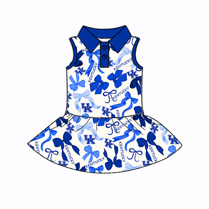 Preorder (moq 5)Baby Girls Blue Sleeveless UK Bows Plaid Button Team Knee Length Dresses